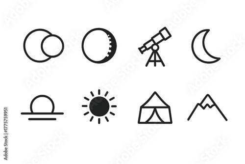 Solar Eclipse Icons. Line style icons of Solar Eclipse: Partial Shadow, Bailey’s Beads, Telescope Stand, Crescent Sun, Horizon