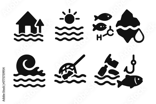 Climate Action Icons. Solid style icons of Climate Action Oceans: rising sea level, warming waters, acidification, melting iceberg