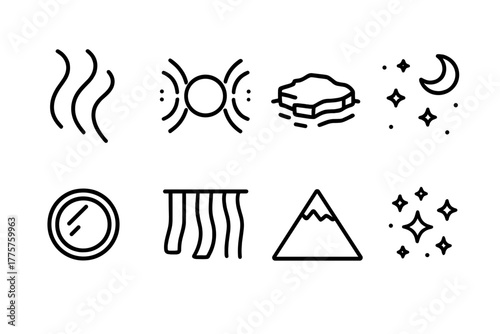 Aurora Line Icons. Line style icons of Aurora: Green Streamers, Magnetic Field Lines, Northern Ice, Night Sky, Telescope Lens,