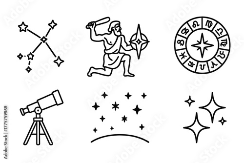 Constellation Icon Collection. Line style icons of Constellation: Star Arrangement, Mythological Silhouette, Navigation Guide,