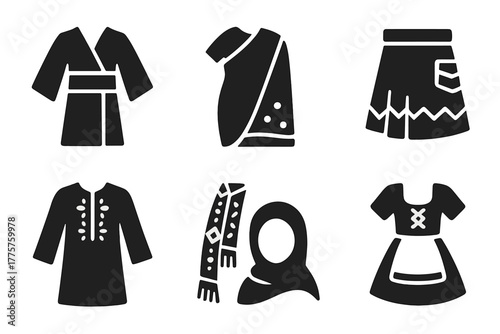 Traditional Clothing Icons. Solid style icons of Traditional Clothing: kimono, sari, poncho, kilt, embroidered tunic, woven belt,