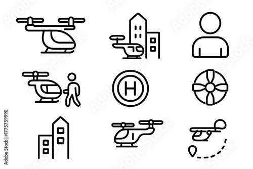 Urban Air Taxi Icons. Line style icons of Air Taxi: eVTOL, Urban Air Mobility, Passenger, Commute, Landing Pad, Rotor, City,