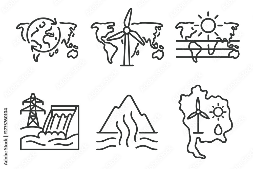 Obraz premium Global Renewable Energy Icons. Line style icons of renewable energy: international renewable map, global wind zone, solar belt,