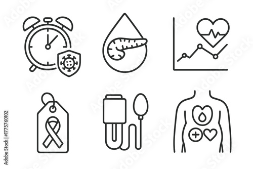 Fasting Health Icons. Line style icons of intermittent fasting: fasting and disease prevention, type 2 diabetes icon, heart health