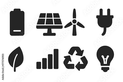 Energy Efficiency Icons. Solid style icons of energy efficiency: battery, solar panel, wind turbine, plug, eco leaf, bar chart,