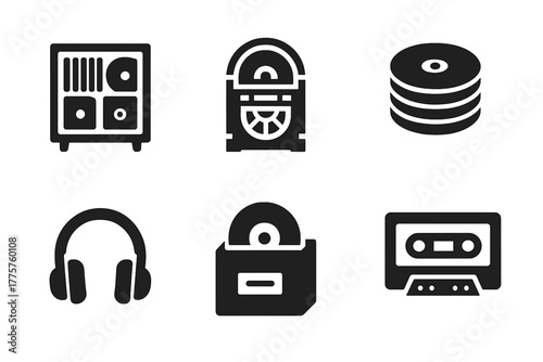 Music Collection Icons. Solid style icons of Music Collecting: record shelf, album cover, jukebox, CD stack, cassette tape,