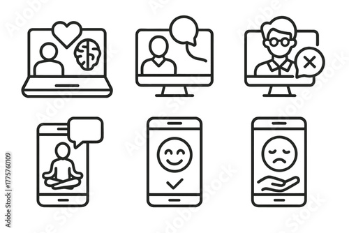 Telemedicine Line Icons. Line style icons of telemedicine: mental health online, therapy video call, digital psychologist icon,