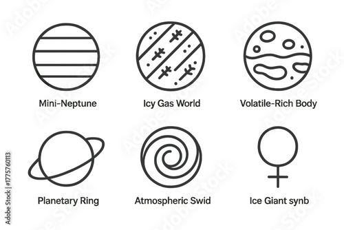 Exoplanet Icon Collection. Line style icons of exoplanets: mini-Neptune icon, icy gas world, volatile-rich body, planetary ring,