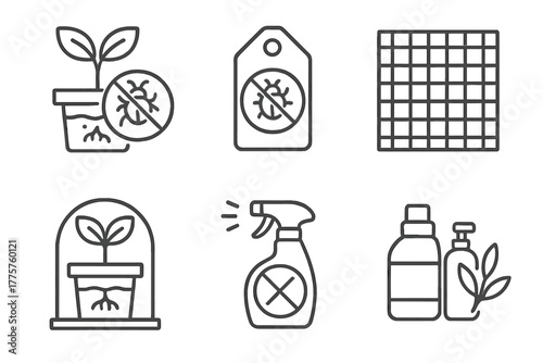 Hydroponics Pest Protection Icons. Line style icons of hydroponics: pest control in hydro, bug-free tag, mesh net icon, non-toxic