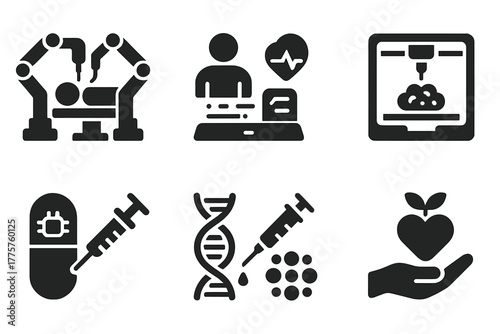 Futuristic Medicine Icons. Solid style icons of Futuristic Medicine: robotic surgeon, holographic diagnosis, AI doctor, bioprinter