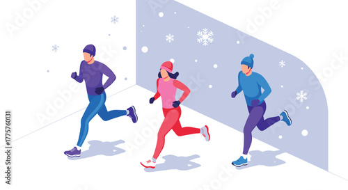 Winter jogging scene with people running in snowy weather, isometric fitness activity