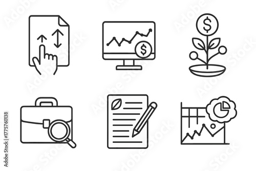 Hedge Fund Icons. Line style icons of hedge funds: trade order execution, hedge desk monitor, asset allocation strategy, deal