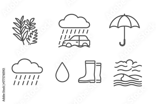 Weather Icons Collection. Line style icons of Tropical Monsoon: Lush Growth, Heavy Rain, Flooded Street, Umbrella, Cloud, Raindrop