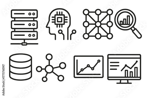Data Mining Icons. Line style icons of Data Mining: Server Farm, Machine Learning, Pattern, Data Insight, Database Icon, Network