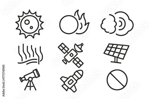 Extreme Solar Flare Icons. Line style icons of Extreme Solar Flare: Sunspot, CME Burst, Radio Blackout, Satellite, Auroras, Solar