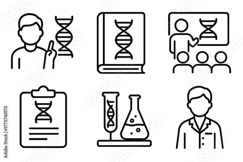Genetic Engineering Icons. Line style icons of genetic engineering: educational icon, DNA teaching book, classroom model, biology