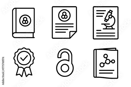 Stem Cell Icons. Line style icons of stem cell research: stem cell journal, scientific publication icon, research article page,