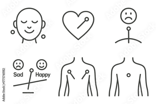 Acupuncture Therapy Icons. Line style icons of acupuncture: emotional balance therapy, heart with acupoint, mood needle icon,