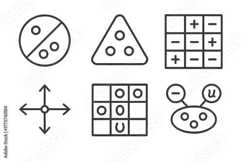 Particle Physics Icons. Line style icons of particle physics: lepton number, baryon number, quantum number chart, conservation law
