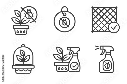 Hydroponics Pest Protection Icons. Line style icons of hydroponics: pest control in hydro, bug-free tag, mesh net icon, non-toxic