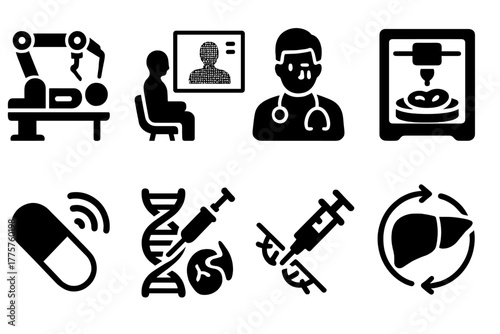 Futuristic Medicine Icons. Solid style icons of Futuristic Medicine: robotic surgeon, holographic diagnosis, AI doctor, bioprinter