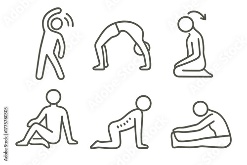 Chiropractic Care Icons. Line style icons of chiropractic care: mobility and stretching, backbend pose icon, neck roll stretch,