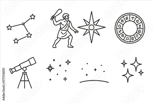 Constellation Icon Collection. Line style icons of Constellation: Star Arrangement, Mythological Silhouette, Navigation Guide,