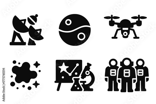Space Exploration Icons. Solid style icons of Interstellar Exploration: telescope array, alien planet, robotic lander, survey