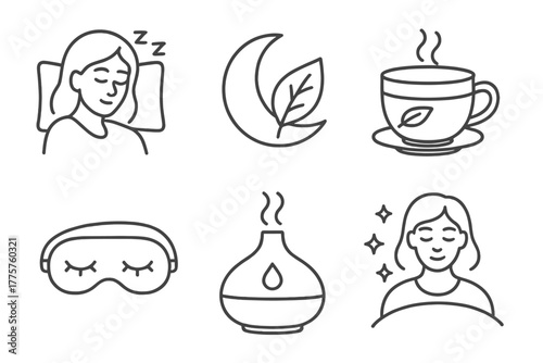 Holistic Sleep Icons. Line style icons of holistic healing: holistic sleep support, moon and leaf icon, bedtime herbal tea, sleep
