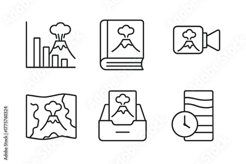 Volcanology Icons Collection. Line style icons of volcanology: eruption history chart, volcano database, recorded eruptions,