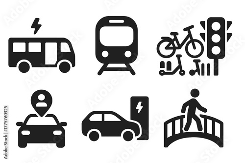 Urban Mobility Icons. Solid style icons of Urban Mobility: electric bus, metro train, bike sharing, scooter station, traffic light