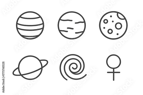 Exoplanet Icon Collection. Line style icons of exoplanets: mini-Neptune icon, icy gas world, volatile-rich body, planetary ring,