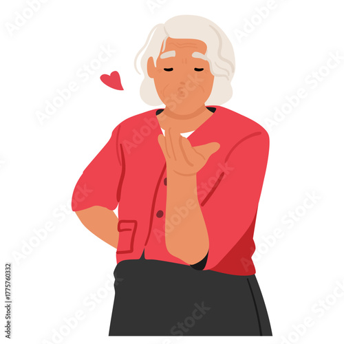 Elderly woman cartoon character blowing air kiss showing romantic gesture conveying warmth portrait