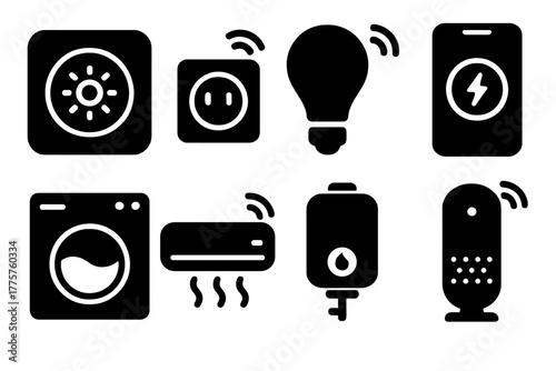 Smart Home Energy Icons. Solid style icons of household smart energy: thermostat, smart plug, lightbulb, smartphone app, washing