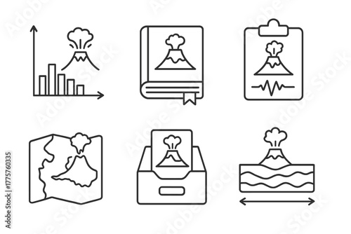 Volcanology Icons Collection. Line style icons of volcanology: eruption history chart, volcano database, recorded eruptions,