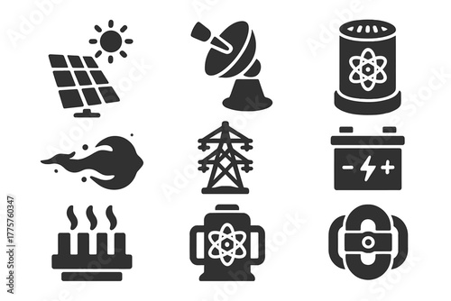 Stellar Energy Icons. Solid style icons of Stellar Energy: solar collector, beam transmitter, reactor core, plasma stream, power