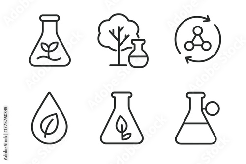 Biodegradable Plastics Icons. Line style icons of biodegradable plastics: plant-based resin, tree icon with flask, renewable