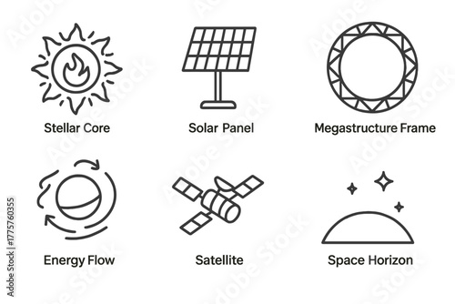 Dyson Sphere Icons. Line style icons of Dyson Sphere: Stellar Core, Solar Panel, Megastructure Frame, Energy Flow, Satellite,
