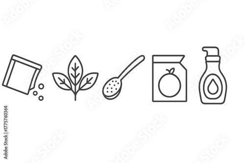 Ketogenic Sweetener Icons. Line style icons of ketogenic diet: sweeteners and sugar alternatives, stevia leaf icon, erythritol