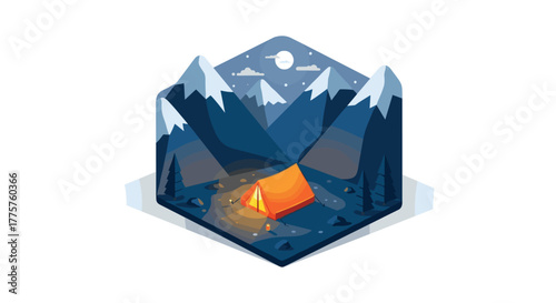 Nighttime mountain camping scene with glowing tent and snowy peaks