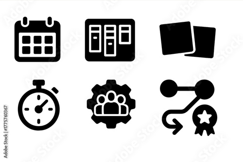 Teamwork Productivity Icons. Solid style icons of Team Productivity: calendar, task board, sticky notes, progress bar, clock timer