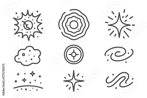 Supernova Icon Set. Line style icons of Supernova: Exploding Core, Stellar Shockwave, Bright Flash, Gas Cloud, Telescope Lens,