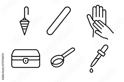 Homeopathy Tool Icons. Line style icons of homeopathic treatment tools: diagnostic pendulum, tongue depressor, hand pulse reader,
