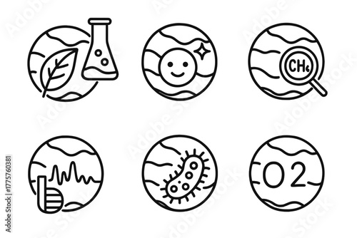 Exoplanet Biosignature Icons. Line style icons of exoplanets: biosignature detection, life indicator icon, atmospheric biomarker,