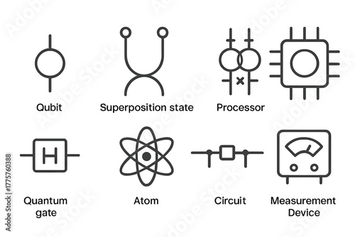 Quantum Computing Icons. Line style icons of Quantum Computing: Qubit, Superposition State, Entangled Qubits, Processor, Quantum
