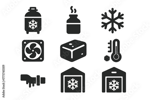 Cold Technology Icons. Solid style icons of Cold Technology: freezer tank, liquid nitrogen, frost crystal, cooling fan, ice block,