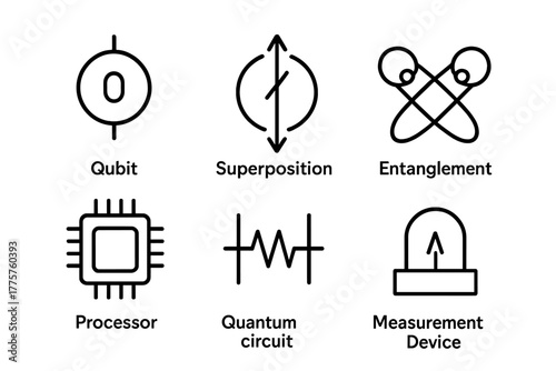 Quantum Computing Icons. Line style icons of Quantum Computing: Qubit, Superposition, Entanglement, Processor, Quantum Circuit,