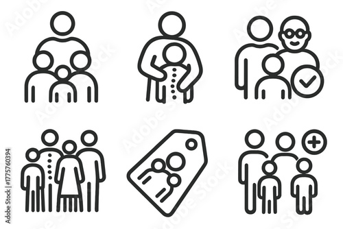 Chiropractic Family Icons. Line style icons of chiropractic care: family chiropractic care, parent and child spine icon,