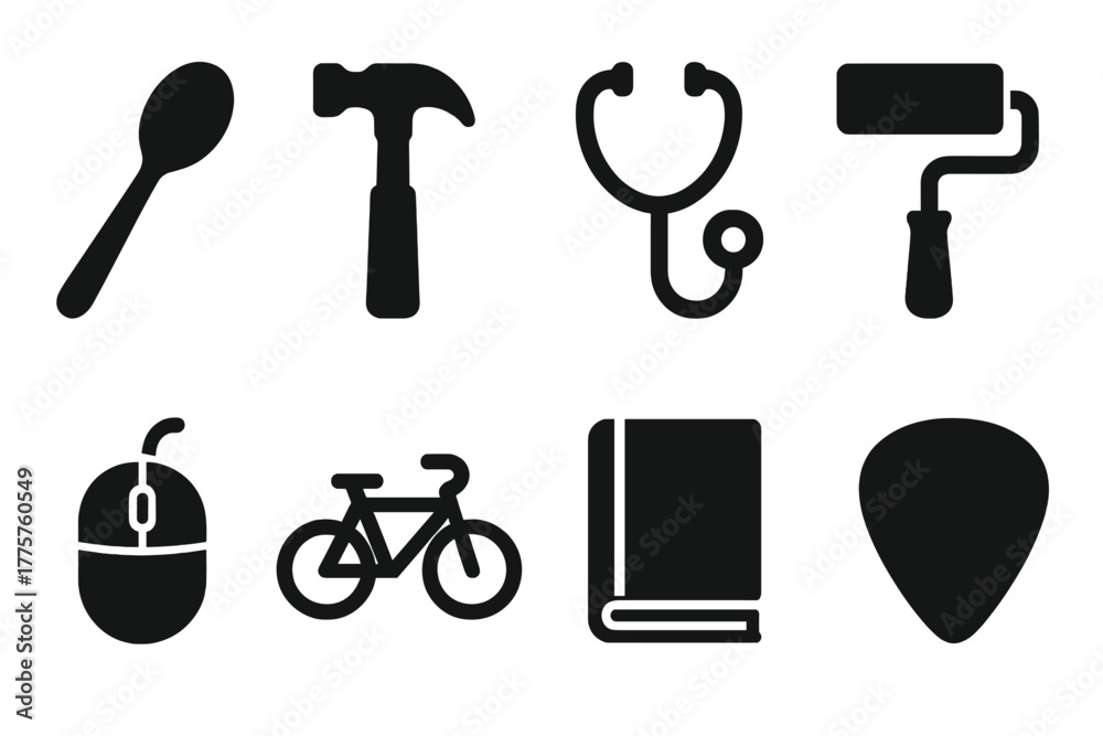 Fototapeta premium Community Skills Icons. Solid style icons of community skills: cooking spoon, hammer, stethoscope, paint roller, computer mouse,