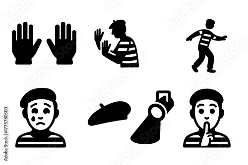 Iconic Mime Symbols. Solid style icons of Mime Artist: white gloves, invisible wall, suspended walk, teardrop face, striped shirt,